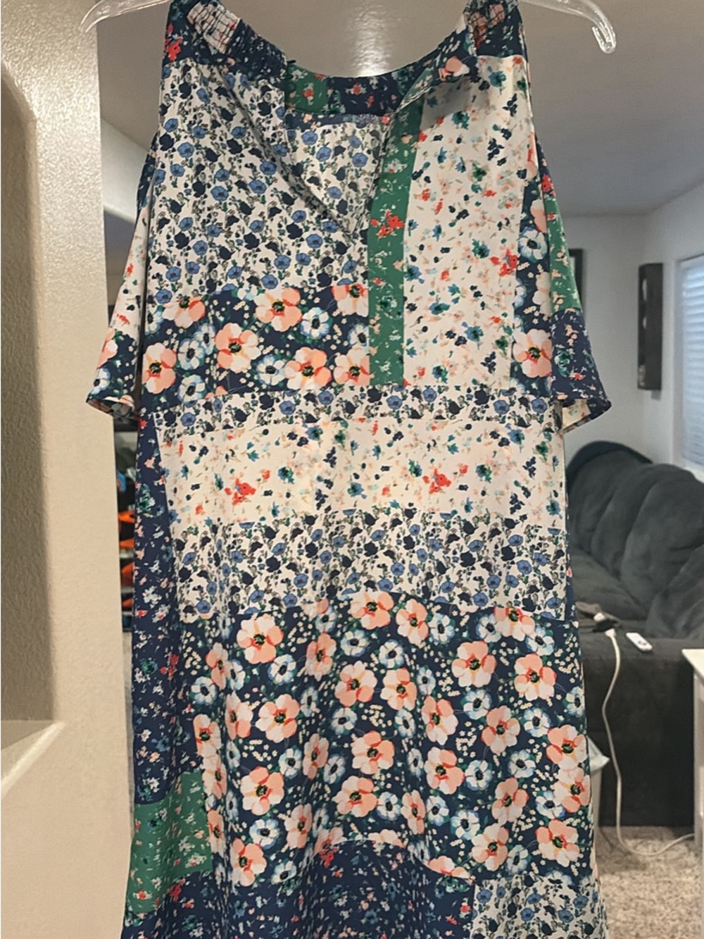 Floral Patchwork V-Neck Women's Dress in Navy and Pink